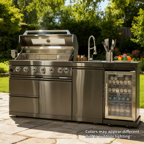 Cherylife SC2401A 85-Inch 85,000 BTU Natural Gas Grill Outdoor Kitchen Island – 6 Burner with Refrigerator, Wine Cooler, 32” Rotisserie, Granite Countertop & Sink