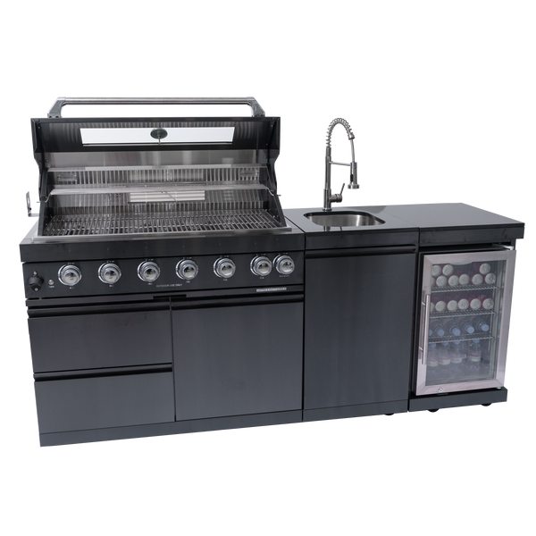 Cherylife SC2401A 85-Inch 85,000 BTU Natural Gas Grill Outdoor Kitchen Island – 6 Burner with Refrigerator, Wine Cooler, 32” Rotisserie, Granite Countertop & Sink