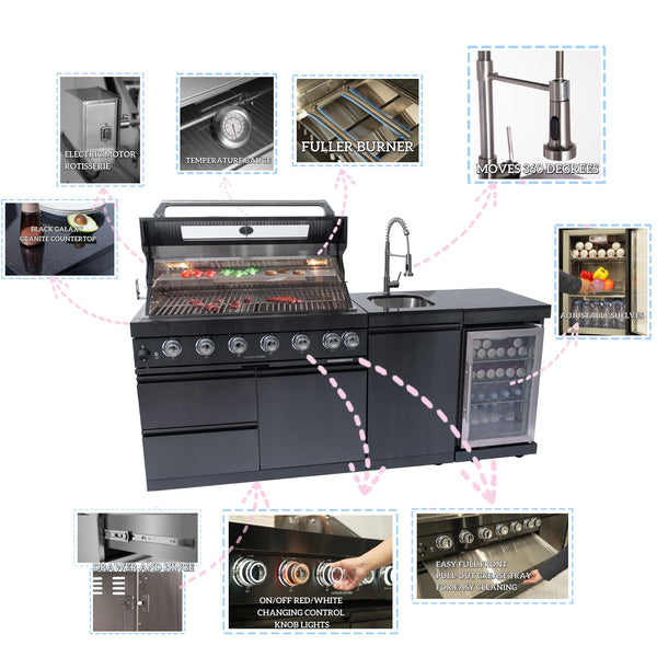 Cherylife SC2401A 85-Inch 85,000 BTU Natural Gas Grill Outdoor Kitchen Island – 6 Burner with Refrigerator, Wine Cooler, 32” Rotisserie, Granite Countertop & Sink