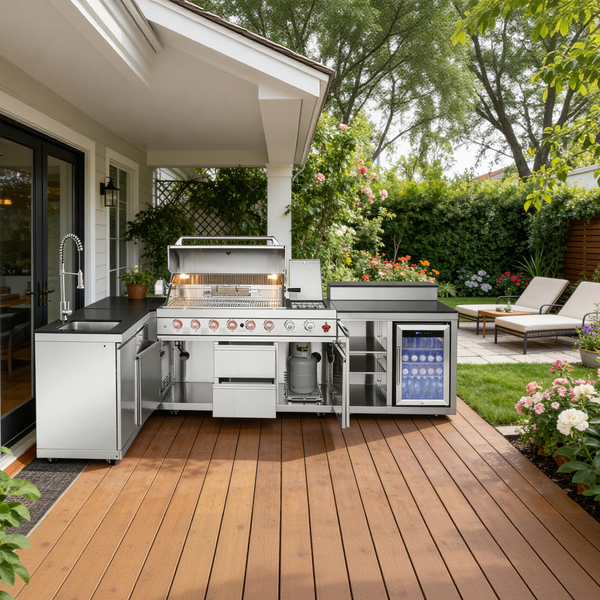 Outdoor Kitchen Island 95.8 Inch 6+1 Burner Propane Gas BBQ Grill 95500 BTU 304 Stainless Steel Silver Color With CSA, ETL Certification + Sink + Refrigerator + Bar Table