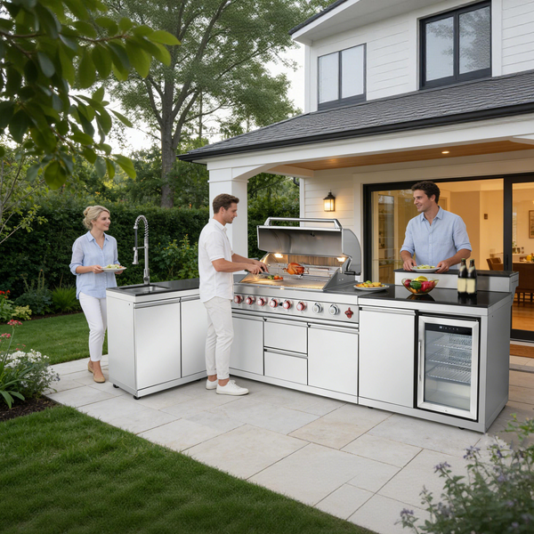Outdoor Kitchen Island 95.8 Inch 6+1 Burner Propane Gas BBQ Grill 95500 BTU 304 Stainless Steel Silver Color With CSA, ETL Certification + Sink + Refrigerator + Bar Table