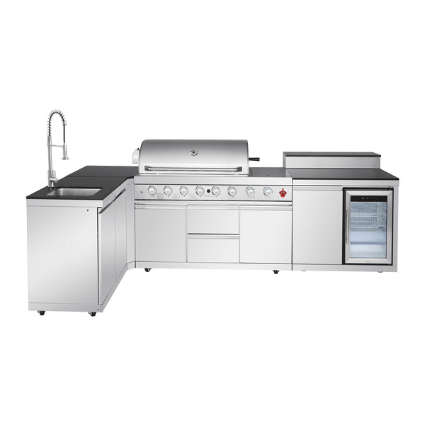 Outdoor Kitchen Island 95.8 Inch 6+1 Burner Propane Gas BBQ Grill 95500 BTU 304 Stainless Steel Silver Color With CSA, ETL Certification + Sink + Refrigerator + Bar Table