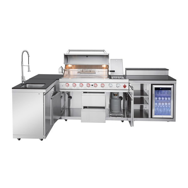Outdoor Kitchen Island 95.8 Inch 6+1 Burner Propane Gas BBQ Grill 95500 BTU 304 Stainless Steel Silver Color With CSA, ETL Certification + Sink + Refrigerator + Bar Table