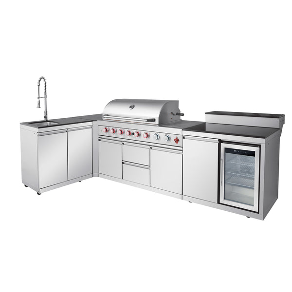 Outdoor Kitchen Island 95.8 Inch 6+1 Burner Propane Gas BBQ Grill 95500 BTU 304 Stainless Steel Silver Color With CSA, ETL Certification + Sink + Refrigerator + Bar Table