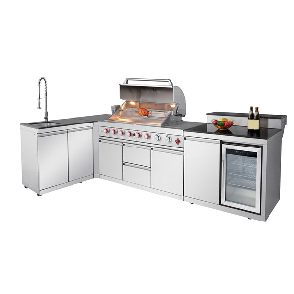 Outdoor Kitchen Island 95.8 Inch 6+1 Burner Propane Gas BBQ Grill 95500 BTU 304 Stainless Steel Silver Color With CSA, ETL Certification + Sink + Refrigerator + Bar Table