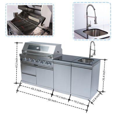 Cherylife NG 85-Inch 6-Burner 85,000 BTU Natural Gas Grill Island – Outdoor Kitchen with Rotisserie, Granite Countertops, Sink/Faucet & Storage