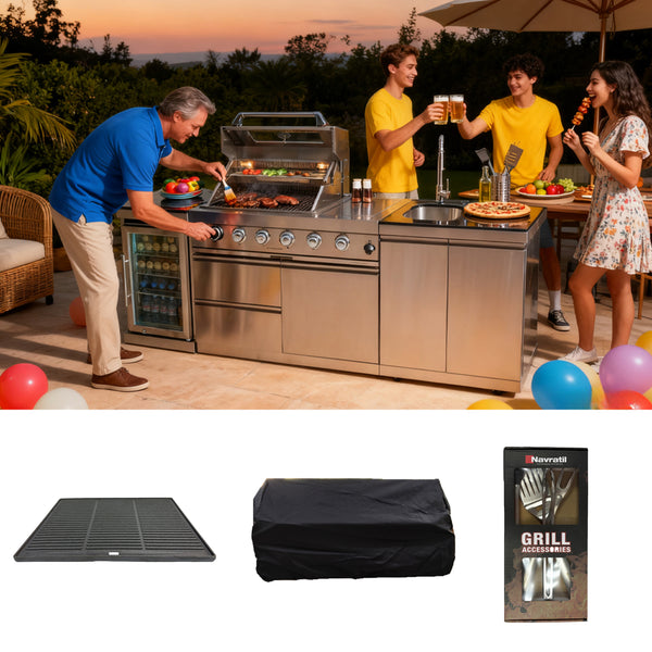 Cherylife BBQ Tool Set – Stainless Steel Grill Accessories with Cast Iron Pan, Knife & Fork Set, All-Weather Rain Cover