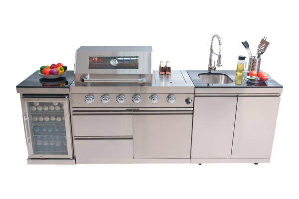 Cherylife 85-Inch 4-Burner 72,000 BTU Gas Grill Island – Outdoor Kitchen with Wine Cooler, Refrigerator, Rotisserie, Granite Countertops & Storage