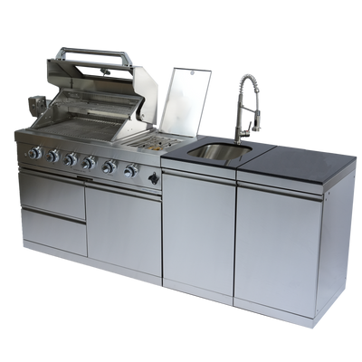 CheryLife Outdoor Kitchen Island 85-Inch 4-Burner Gas Grill with Refrigerator & Sink – 72000 BTU Stainless Steel Prefab Modular BBQ Island with Granite Countertop Rotisserie