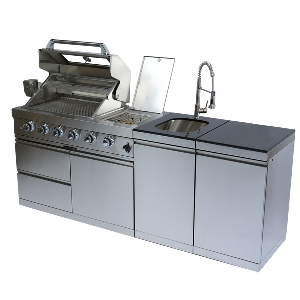 Cherylife S00043 NG 85-Inch 4-Burner 72,000 BTU Natural Gas Grill Island – Deluxe Outdoor Kitchen with Side Burner, Rotisserie, Granite Countertops, Sink/Faucet, Storage