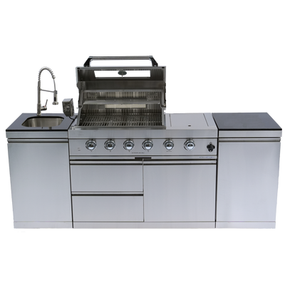 CheryLife Outdoor Kitchen Island 85-Inch 4-Burner Gas Grill with Refrigerator & Sink – 72000 BTU Stainless Steel Prefab Modular BBQ Island with Granite Countertop Rotisserie