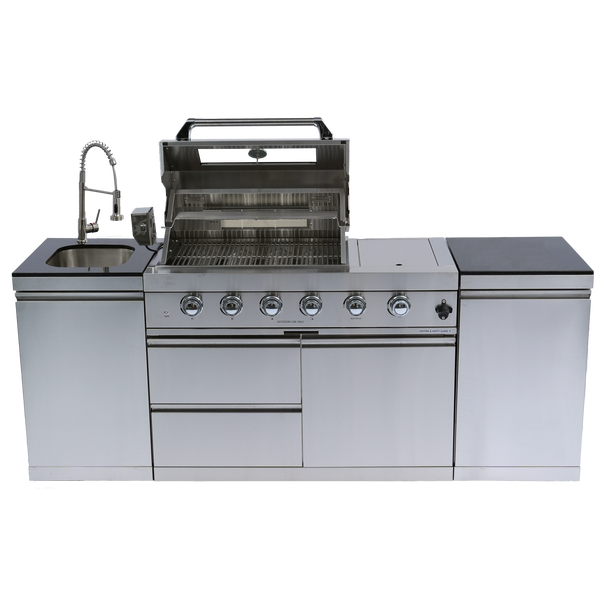 Cherylife S00043 NG 85-Inch 4-Burner 72,000 BTU Natural Gas Grill Island – Deluxe Outdoor Kitchen with Side Burner, Rotisserie, Granite Countertops, Sink/Faucet, Storage
