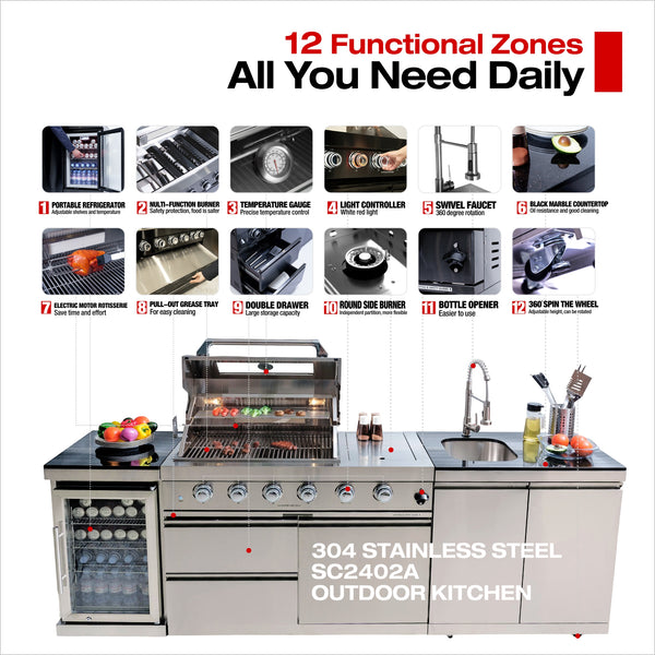 Cherylife S00003 NG 85-Inch 4-Burner 72,000 BTU Natural Gas Grill Island – Outdoor Kitchen with Refrigerator, Wine Cooler, Rotisserie, Granite Countertops & Sink