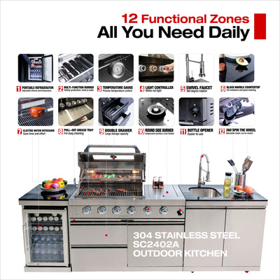 Cherylife 85-Inch 4-Burner 72,000 BTU Gas Grill Island – Outdoor Kitchen with Wine Cooler, Refrigerator, Rotisserie, Granite Countertops & Storage