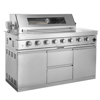 Cherylife 96-Inch 6-Burner 85,000 BTU Gas Grill Island – Outdoor Kitchen with Wine Cooler, Refrigerator, Rotisserie, Granite Countertops & Storage