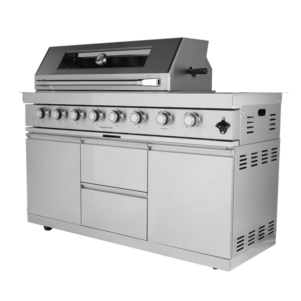 Cherylife 96-Inch 6-Burner 85,000 BTU Gas Grill Island – Outdoor Kitchen with Wine Cooler, Refrigerator, Rotisserie, Granite Countertops & Storage