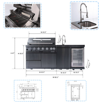Cherylife SC2401A 85-Inch 85,000 BTU Natural Gas Grill Outdoor Kitchen Island – 6 Burner with Refrigerator, Wine Cooler, 32” Rotisserie, Granite Countertop & Sink