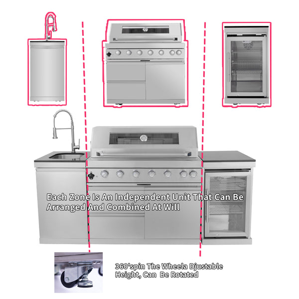 CheryLife 44-Inch 6-Burner 85000 BTU Deluxe Stainless Steel Gas Outdoor Kitchen Bar Barbecue Island Grill + Wine Cooler Compact Refrigerator + Rotisserie + Granite Countertops + Storage Cabinets & Drawers