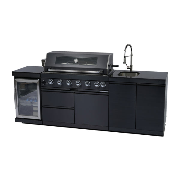 CheryLife 43-Inch 6-Burner 85000 BTU Deluxe Stainless Steel Gas Outdoor Kitchen Bar Barbecue Island Grill + Wine Cooler Compact Refrigerator + Rotisserie kit + Granite Countertops + Stainless steel Sink