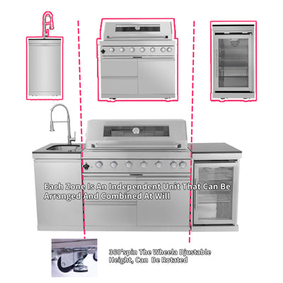 CheryLife All-in-One Outdoor Kitchen Island 85" – 85000 BTU Gas Grill with Built-in Refrigerator, Wine Cooler, Rotisserie & Granite Countertops