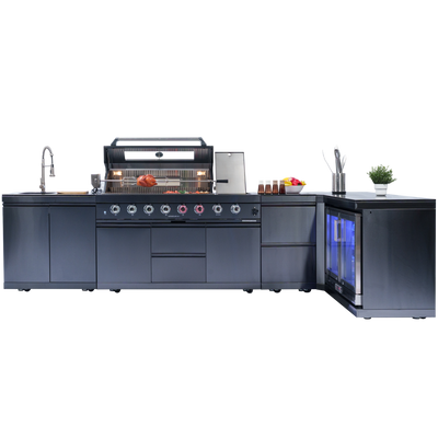 Cherylife 157-Inch 6-Burner 96,000 BTU Gas Grill Island – Outdoor Kitchen with Wine Cooler, Refrigerator, Rotisserie, Granite Countertops & Storage