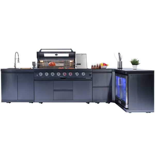 Cherylife 157-Inch 6-Burner 96,000 BTU Gas Grill Island – Outdoor Kitchen with Wine Cooler, Refrigerator, Rotisserie, Granite Countertops & Storage