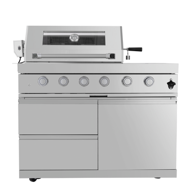 CheryLife 46-Inch 4-Burner 72000 BTU Deluxe Stainless Steel Gas Outdoor Kitchen Bar Barbecue Island Grill + Wine Cooler Compact Refrigerator + Rotisserie + Granite Countertops + Storage Cabinets & Drawers