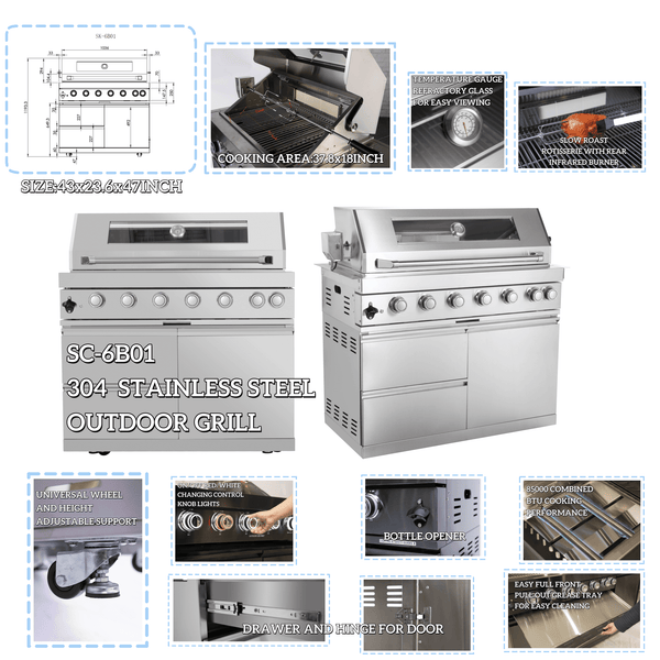 CheryLife 44-Inch 6-Burner 85000 BTU Deluxe Stainless Steel Gas Outdoor Kitchen Bar Barbecue Island Grill + Wine Cooler Compact Refrigerator + Rotisserie + Granite Countertops + Storage Cabinets & Drawers