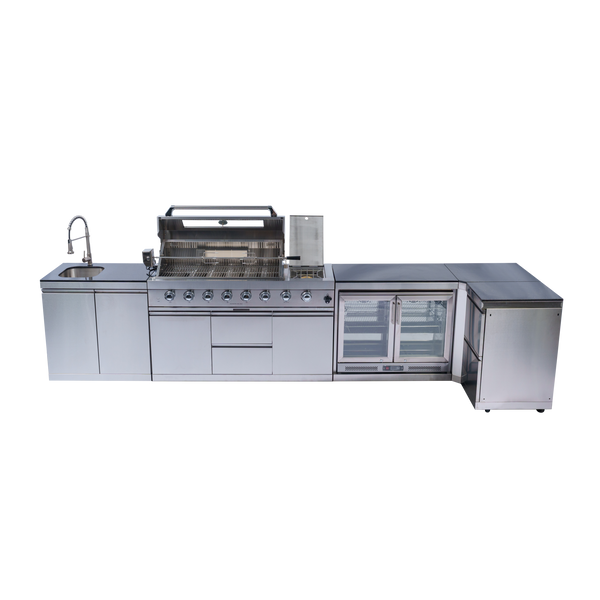 Cherylife 85-Inch 6-Burner 96,000 BTU Gas Grill Island – Outdoor Kitchen with Wine Cooler, Refrigerator, Rotisserie, Granite Countertops & Storage