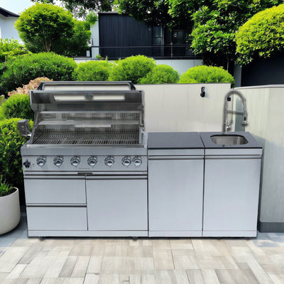 Cherylife NG 85-Inch 6-Burner 85,000 BTU Natural Gas Grill Island – Outdoor Kitchen with Rotisserie, Granite Countertops, Sink/Faucet & Storage