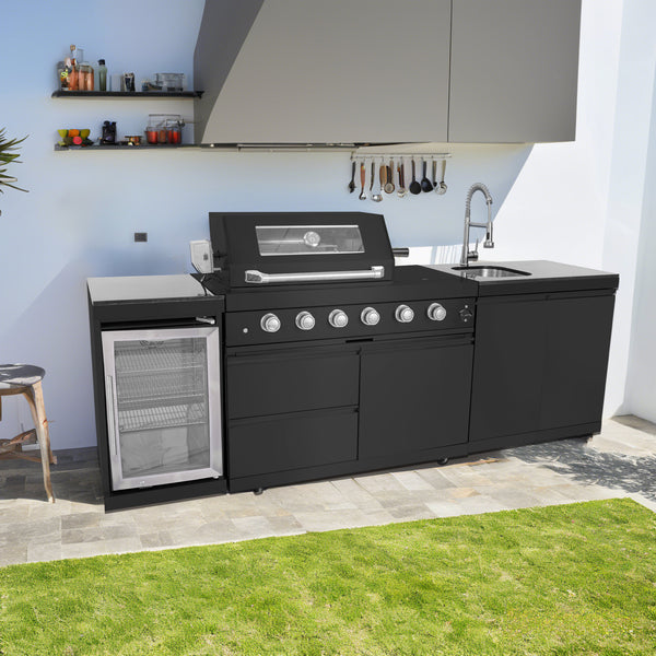 Cherylife NG 85-Inch 4-Burner 72,000 BTU Natural Gas Grill Island – Outdoor Kitchen with Wine Cooler, Compact Refrigerator, Rotisserie, Granite Countertop & Sink