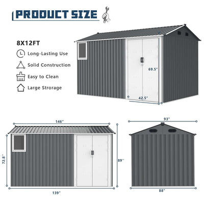 12x8 ft Metal Storage Shed with Foundation Kit - CheryLife