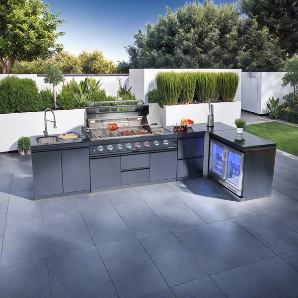 Cherylife 157-Inch 6-Burner 96,000 BTU Gas Grill Island – Outdoor Kitchen with Wine Cooler, Refrigerator, Rotisserie, Granite Countertops & Storage