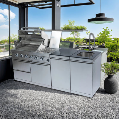 CheryLife Outdoor Kitchen Island 85-Inch 4-Burner Gas Grill with Refrigerator & Sink – 72000 BTU Stainless Steel Prefab Modular BBQ Island with Granite Countertop Rotisserie