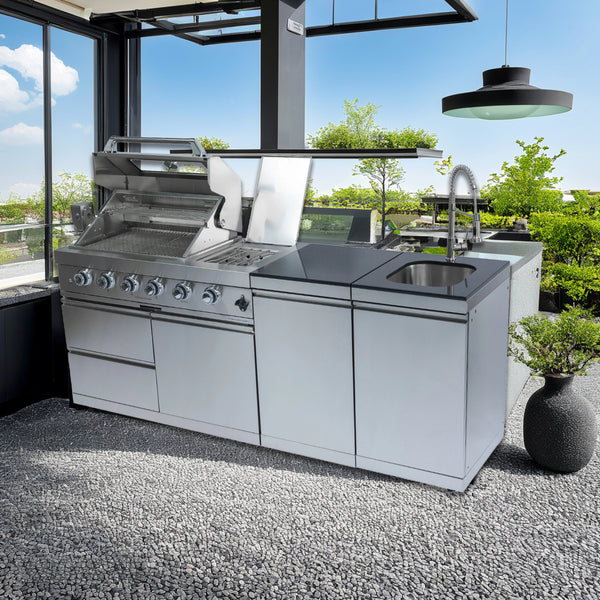 Cherylife S00043 NG 85-Inch 4-Burner 72,000 BTU Natural Gas Grill Island – Deluxe Outdoor Kitchen with Side Burner, Rotisserie, Granite Countertops, Sink/Faucet, Storage