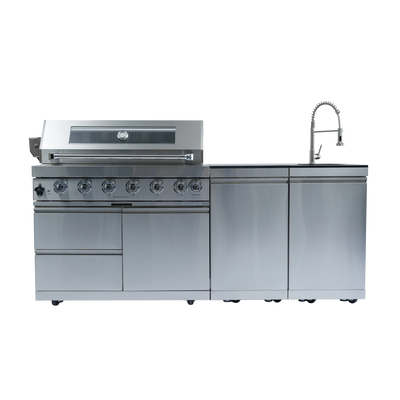 Cherylife NG 85-Inch 6-Burner 85,000 BTU Natural Gas Grill Island – Outdoor Kitchen with Rotisserie, Granite Countertops, Sink/Faucet & Storage
