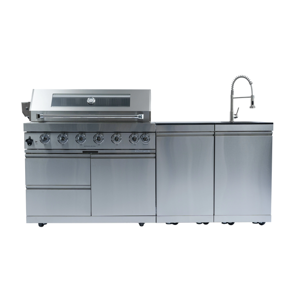 Cherylife NG 85-Inch 6-Burner 85,000 BTU Natural Gas Grill Island – Outdoor Kitchen with Rotisserie, Granite Countertops, Sink/Faucet & Storage