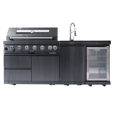Cherylife SC2401A 85-Inch 85,000 BTU Natural Gas Grill Outdoor Kitchen Island – 6 Burner with Refrigerator, Wine Cooler, 32” Rotisserie, Granite Countertop & Sink