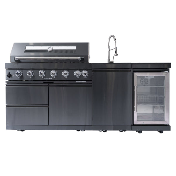 Cherylife SC2401A 85-Inch 85,000 BTU Natural Gas Grill Outdoor Kitchen Island – 6 Burner with Refrigerator, Wine Cooler, 32” Rotisserie, Granite Countertop & Sink