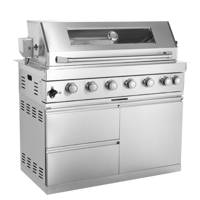 CheryLife 43-Inch 6-Burner 85000 BTU Deluxe Stainless Steel Gas Outdoor Kitchen Bar Barbecue Island Grill + Wine Cooler Compact Refrigerator + Rotisserie + Granite Countertops + Storage Cabinets & Drawers