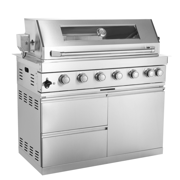 CheryLife 43-Inch 6-Burner 85000 BTU Deluxe Stainless Steel Gas Outdoor Kitchen Bar Barbecue Island Grill + Wine Cooler Compact Refrigerator + Rotisserie + Granite Countertops + Storage Cabinets & Drawers