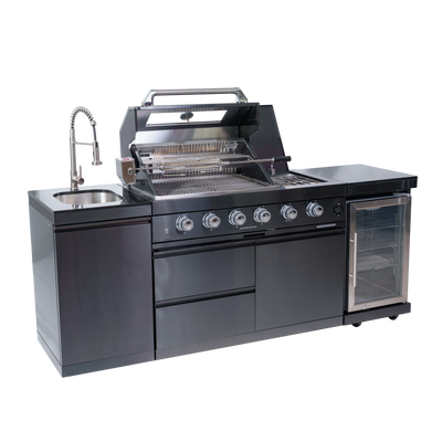 Cherylife 85-Inch 4-Burner 72,000 BTU Gas Grill Island – Outdoor Kitchen with Wine Cooler, Refrigerator, Rotisserie, Granite Countertops & Stainless Steel Sink