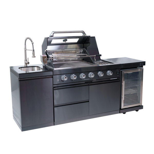 Cherylife 85-Inch 4-Burner 72,000 BTU Gas Grill Island – Outdoor Kitchen with Wine Cooler, Refrigerator, Rotisserie, Granite Countertops & Stainless Steel Sink