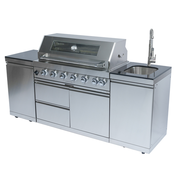 Cherylife NG 85-Inch 6-Burner 85,000 BTU Natural Gas Grill Island – Outdoor Kitchen with Rotisserie, Granite Countertops, Sink/Faucet & Storage