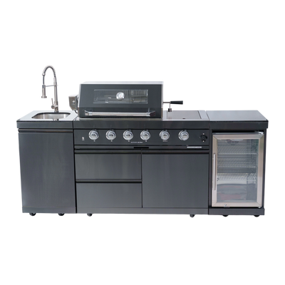 Cherylife 85-Inch 4-Burner 72,000 BTU Gas Grill Island – Outdoor Kitchen with Wine Cooler, Refrigerator, Rotisserie, Granite Countertops & Stainless Steel Sink