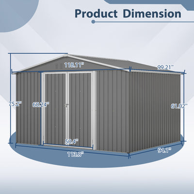 10x8 FT All-Weather Metal Storage Shed – Lockable Doors, Rustproof Steel, Easy Assembly for Garden, Patio, Backyard (Gray)