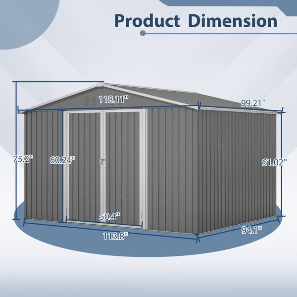 10x8 FT All-Weather Metal Storage Shed – Lockable Doors, Rustproof Steel, Easy Assembly for Garden, Patio, Backyard (Gray)