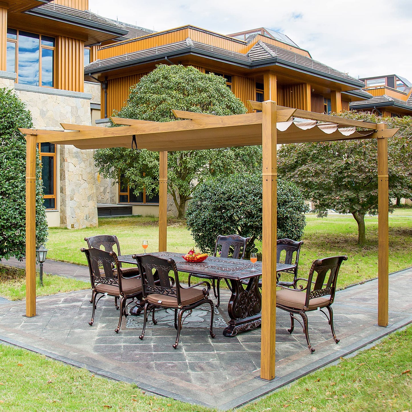 9 x 13 ft Retractable Pergola, Wood Grain Aluminum Pergola with Adjustable Canopy Roof