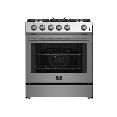 Forno Leonardo 30-Inch Stainless Steel Gas Range, 5 Sealed Burners (Totaling 39,500 BTU), 5 cu.ft. Convection Oven, Continuous Cast Iron Grates, Black Enamel Interior, Auto Re-Ignition, LP Conversion Kit Included