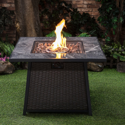 35 Inch Square Outdoor Propane Gas Fire Pit Table 50,000 BTU Heater with Lava Rock Filler